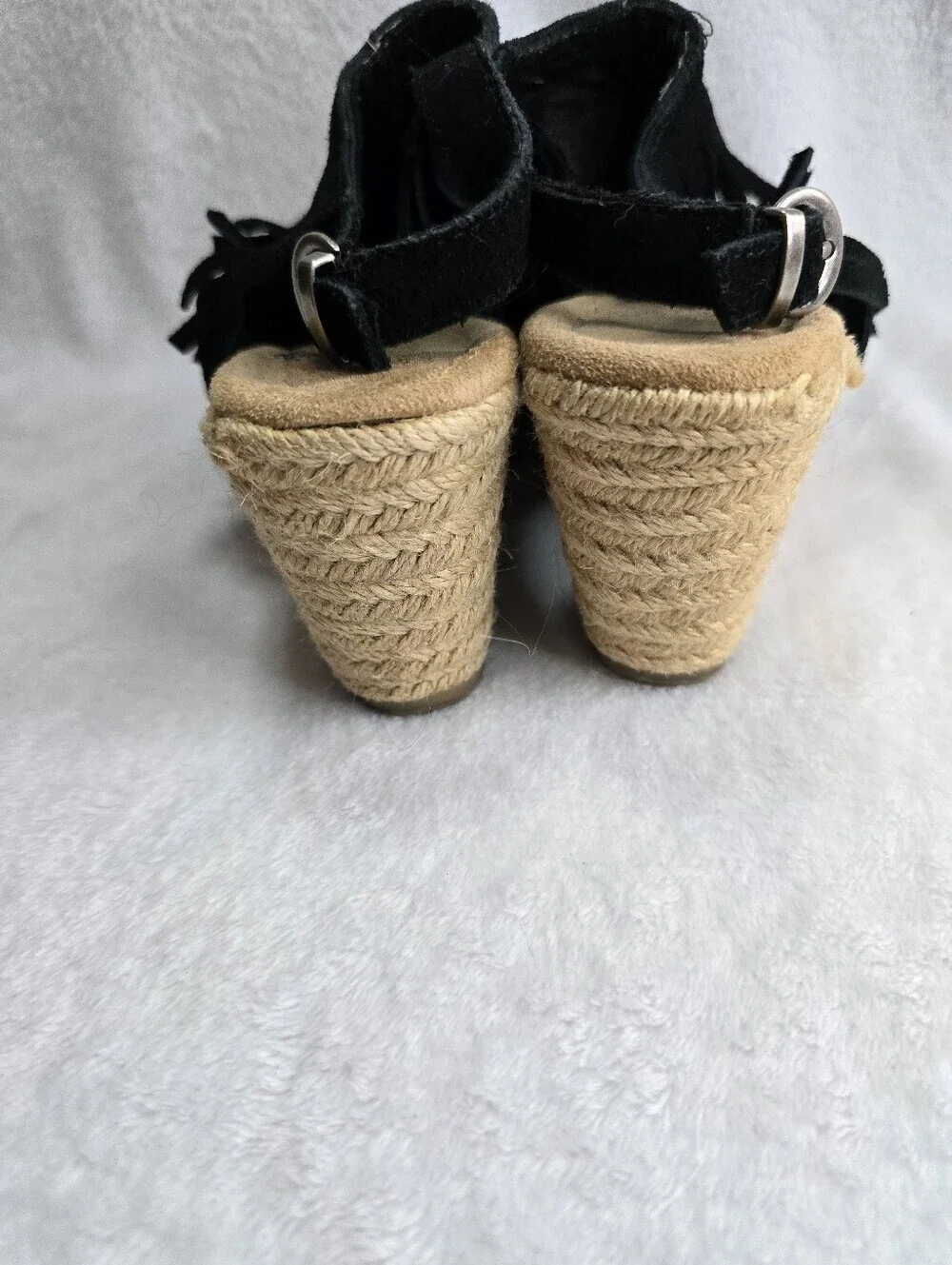 Minnetonka Ashley Fringe Suede Espadrille Wedge Sandals Black Womens Size 6